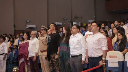 Dr. Faruk G. Patel, together with Vispy Kharadi, Disha Patani, and Akshay Kumar, attended the 15th International Kudo Tournament held at the Surat VNSGU Convention Center. When Dr. Faruk G. Patel received a certificate of honor By Akshay Kumar