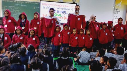 KP Human Development Foundation distributed sweaters to 530 students in Surat Municipal’s adopted School No. 105 and 149.