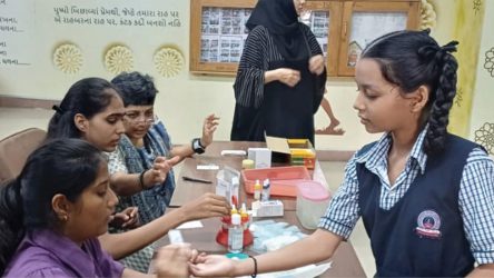 KP Human Development Foundation organized a blood group screening camp at Nagar Prathmik Shikshan Samiti Schools 105, 149, 153, and 154.