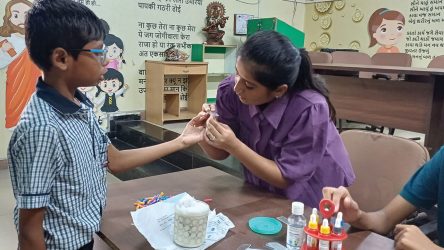 KP Human Development Foundation organized a blood group screening camp at Nagar Prathmik Shikshan Samiti Schools 105, 149, 153, and 154.