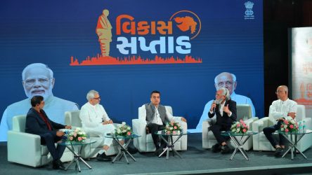 KP Group CMD, Dr. Faruk G. Patel, shared thoughts on industrial development in Gujarat and India at the Agresar Gujarat Vikas Saptah Conclave with the Hon. Home Minister of Gujarat, Shri. Harsh Sanghvi ji, Padma Shri Mathur Savani ji, and Editor of Sandesh News-Surat, Krishnakant Unadkat ji.