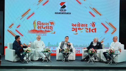 KP Group CMD, Dr. Faruk G. Patel, shared thoughts on industrial development in Gujarat and India at the Agresar Gujarat Vikas Saptah Conclave with the Hon. Home Minister of Gujarat, Shri. Harsh Sanghvi ji, Padma Shri Mathur Savani ji, and Editor of Sandesh News-Surat, Krishnakant Unadkat ji.