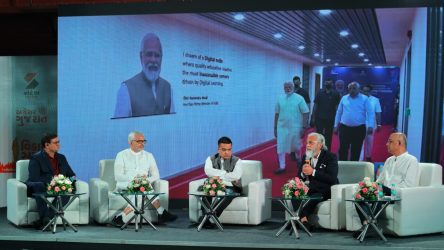 KP Group CMD, Dr. Faruk G. Patel, shared thoughts on industrial development in Gujarat and India at the Agresar Gujarat Vikas Saptah Conclave with the Hon. Home Minister of Gujarat, Shri. Harsh Sanghvi ji, Padma Shri Mathur Savani ji, and Editor of Sandesh News-Surat, Krishnakant Unadkat ji.