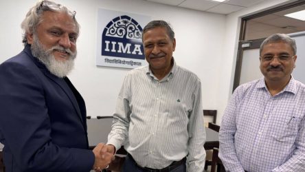 Dr. Faruk G. Patel of KP Group visited IIM Ahmedabad, engaging in discussions with Prof. Bharat Bhaskar and Prof. Sunil Maheshwari about education, entrepreneurship, and philanthropy.