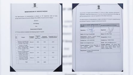 KP Group, represented by Mr. Affan Patel, signed an MoU with the Government of Gujarat, represented by Shri Ajay Prakash, IAS, in the presence of Shri Kanubhai Desai, Minister of Petrochemicals & Energy.